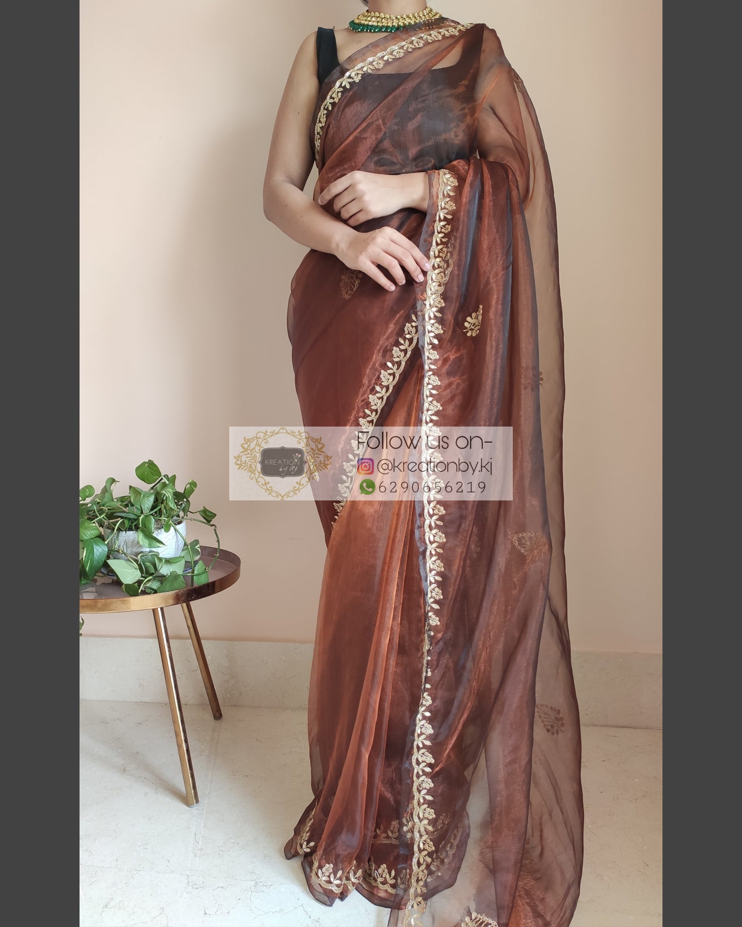 Copper Glass Tissue Saree With Gota Patti Border - kreationbykj