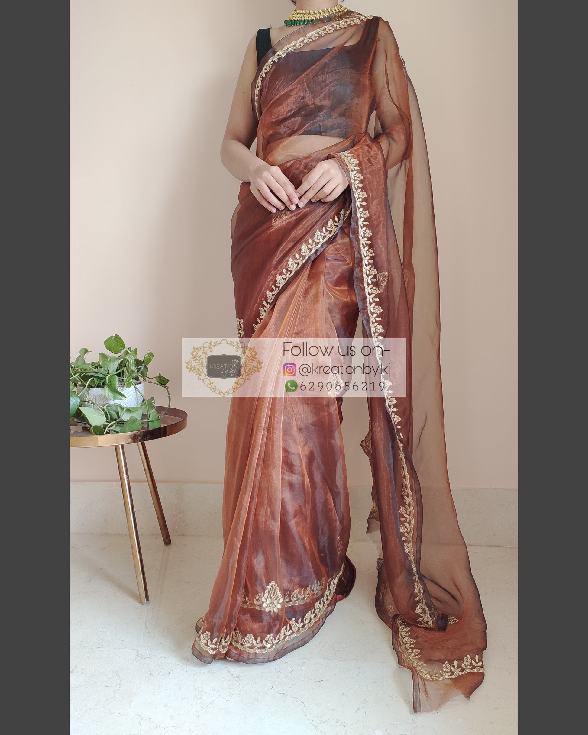 Copper Glass Tissue Saree With Gota Patti Border - kreationbykj