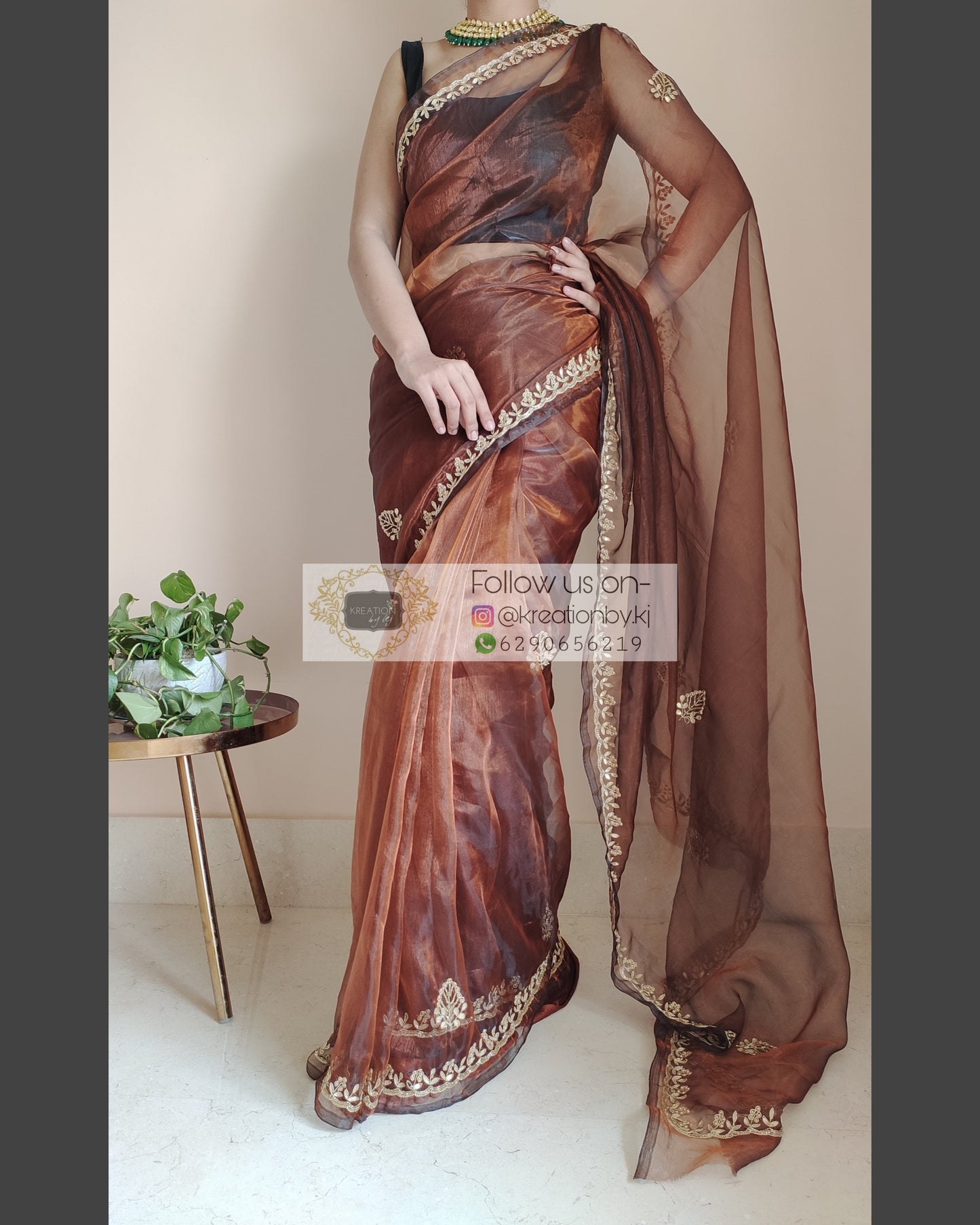 Copper Glass Tissue Saree With Gota Patti Border - kreationbykj