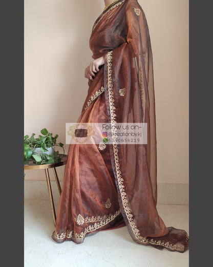 Copper Glass Tissue Saree With Gota Patti Border - kreationbykj