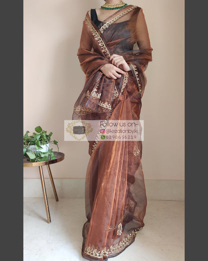 Copper Glass Tissue Saree With Gota Patti Border - kreationbykj