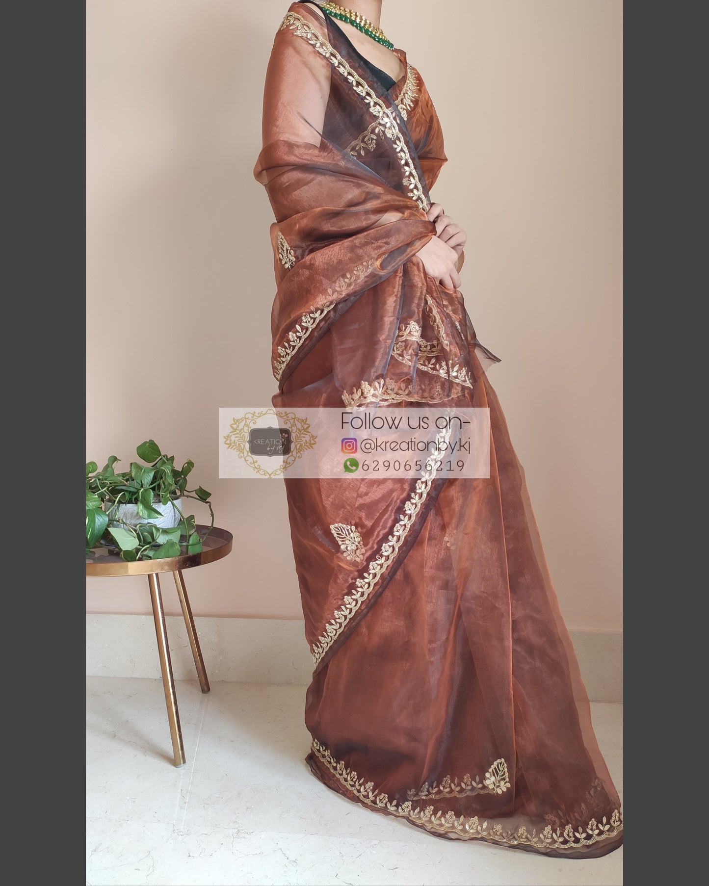 Copper Glass Tissue Saree With Gota Patti Border - kreationbykj