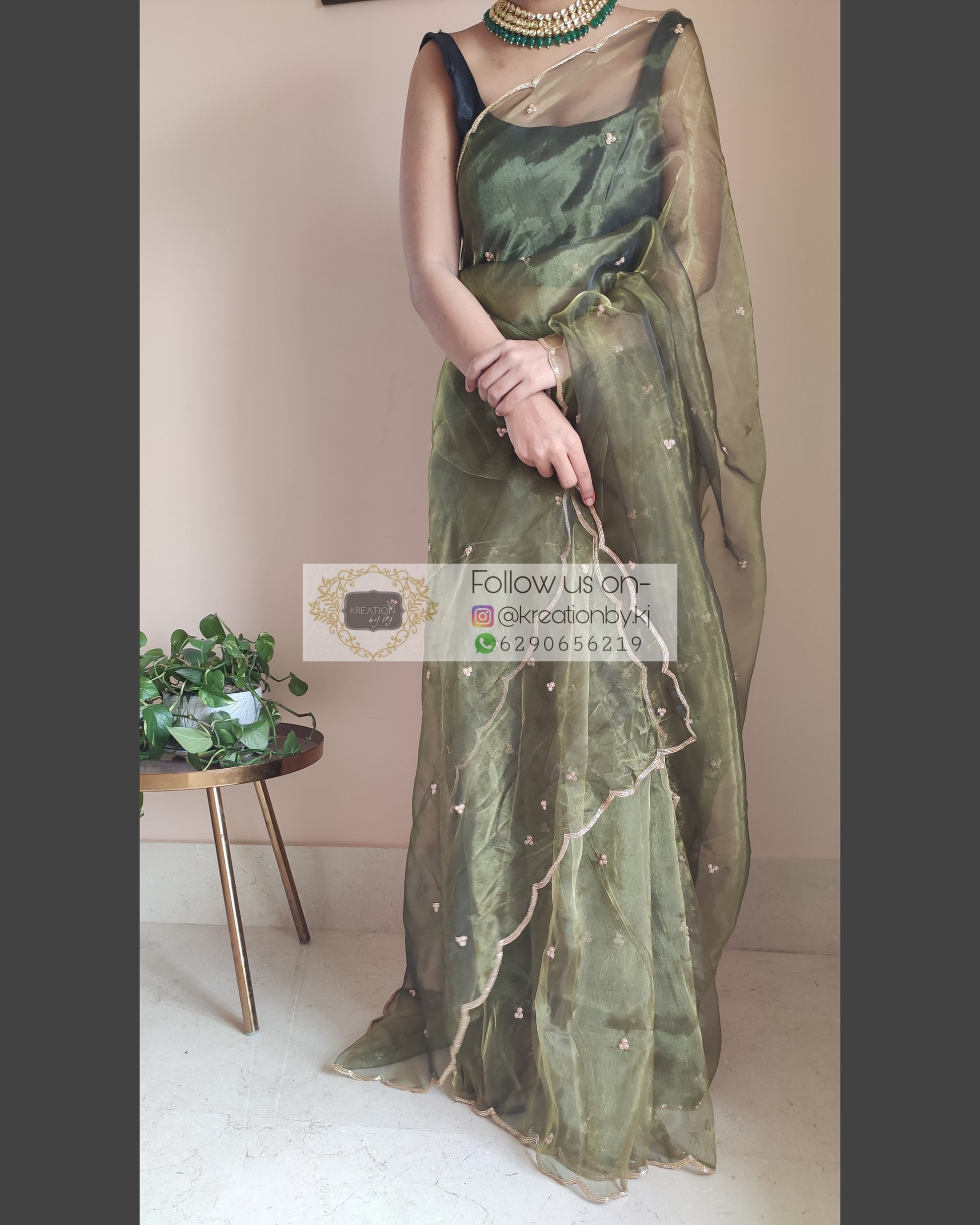 Military Green Glass Tissue Saree with Handembroidered Scalloping - kreationbykj