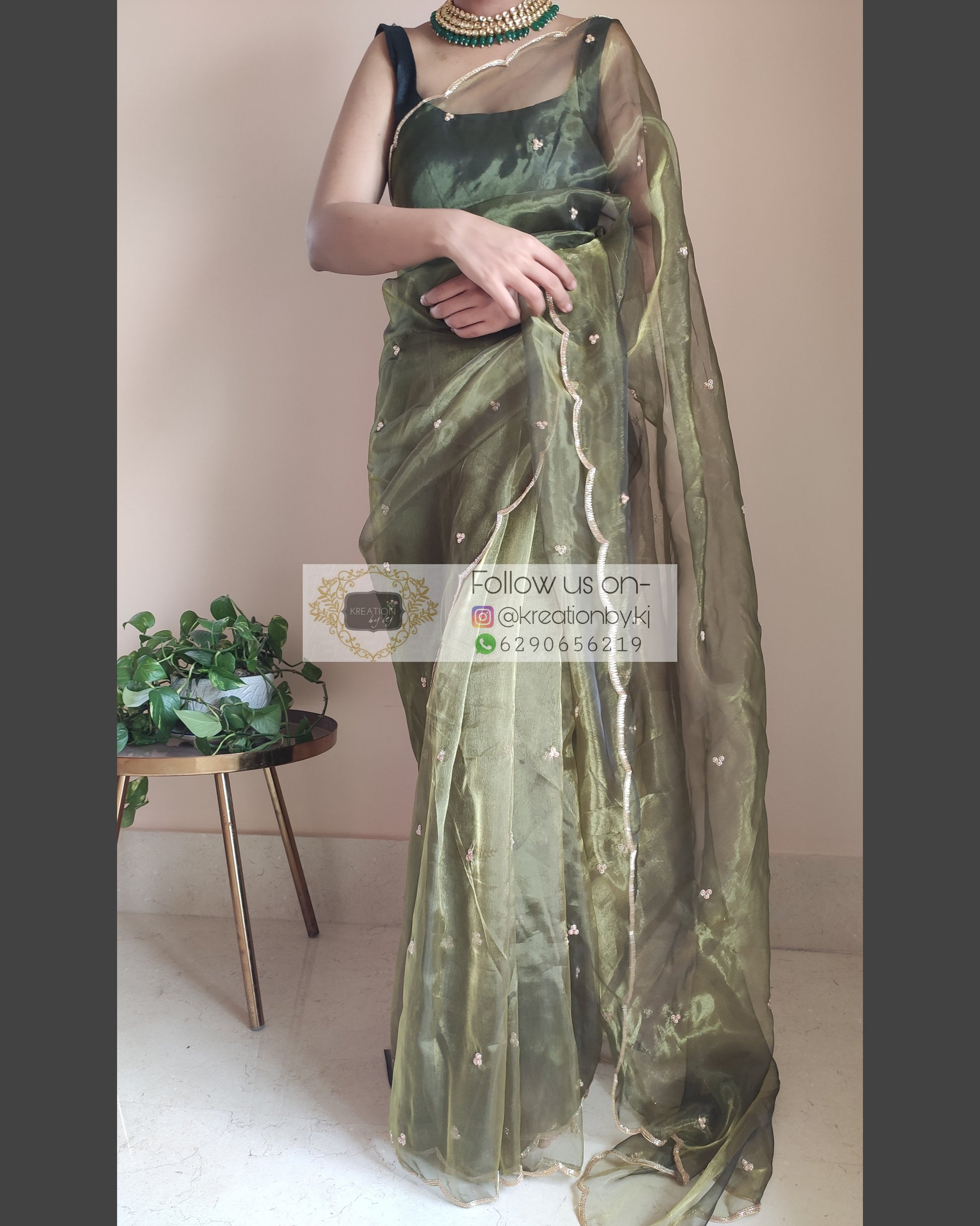 Military Green Glass Tissue Saree with Handembroidered Scalloping - kreationbykj