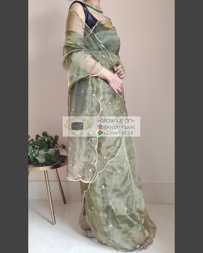 Military Green Glass Tissue Saree with Handembroidered Scalloping - kreationbykj