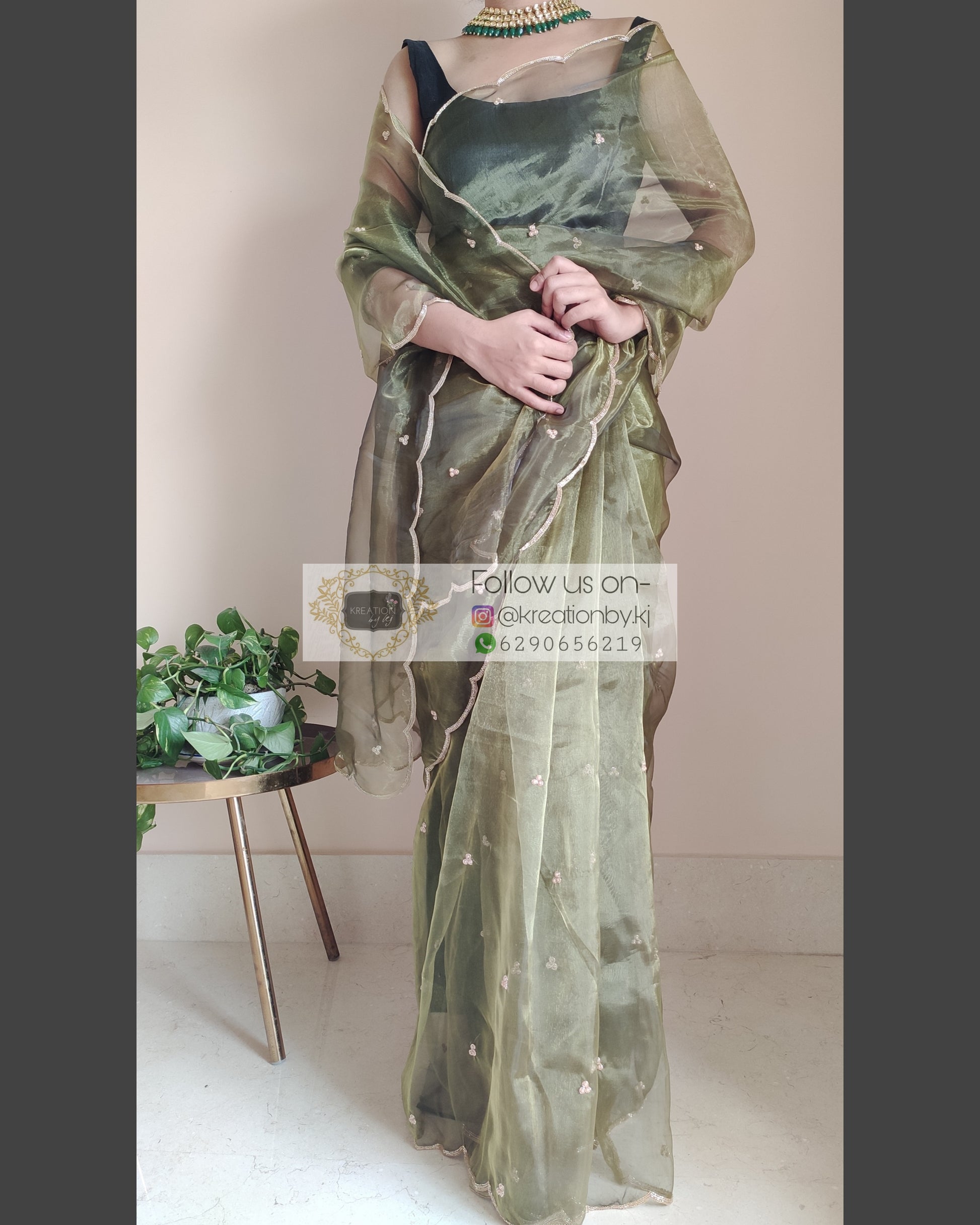 Military Green Glass Tissue Saree with Handembroidered Scalloping - kreationbykj