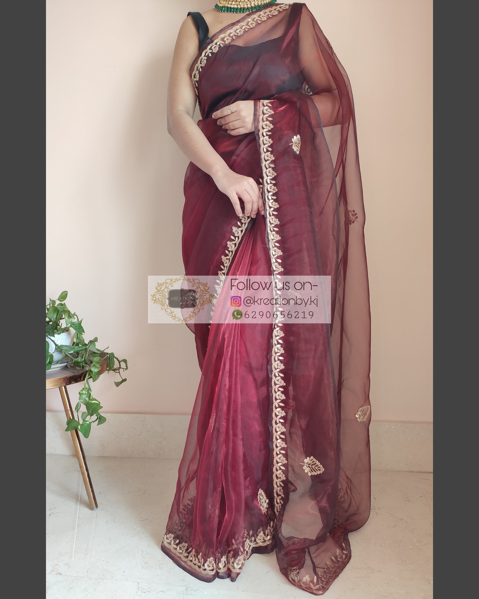 Maroon Glass Tissue Saree With Gota Patti Border - kreationbykj