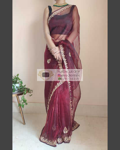Maroon Glass Tissue Saree With Gota Patti Border - kreationbykj