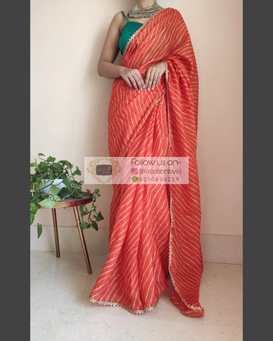 Orange Kota Silk Leheriya Saree - kreationbykj