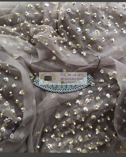 Chocolate Net Saree With Heavy Sequins And Pearl Embroidery - kreationbykj