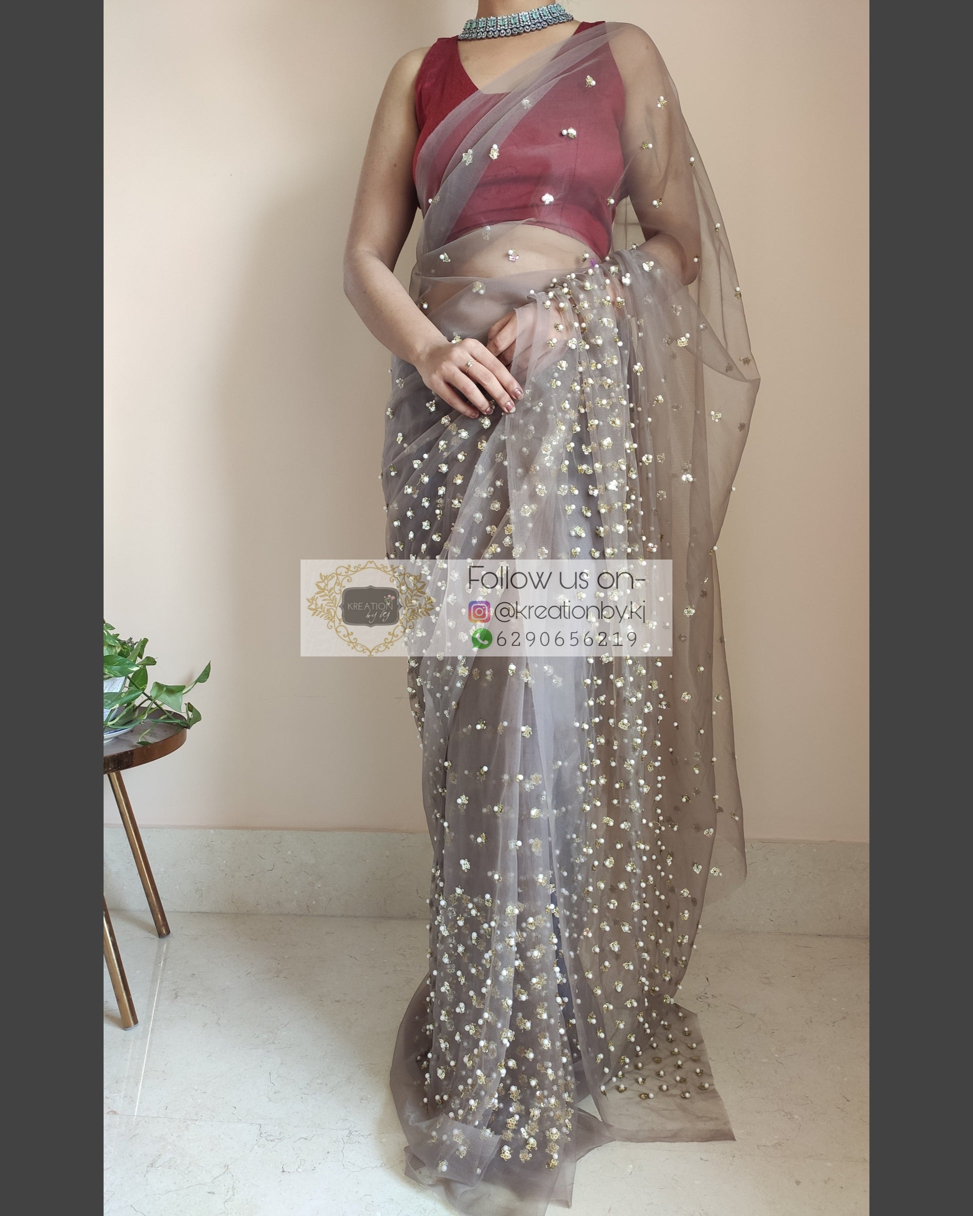 Chocolate Net Saree With Heavy Sequins And Pearl Embroidery - kreationbykj