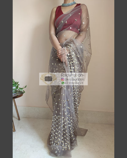 Chocolate Net Saree With Heavy Sequins And Pearl Embroidery - kreationbykj