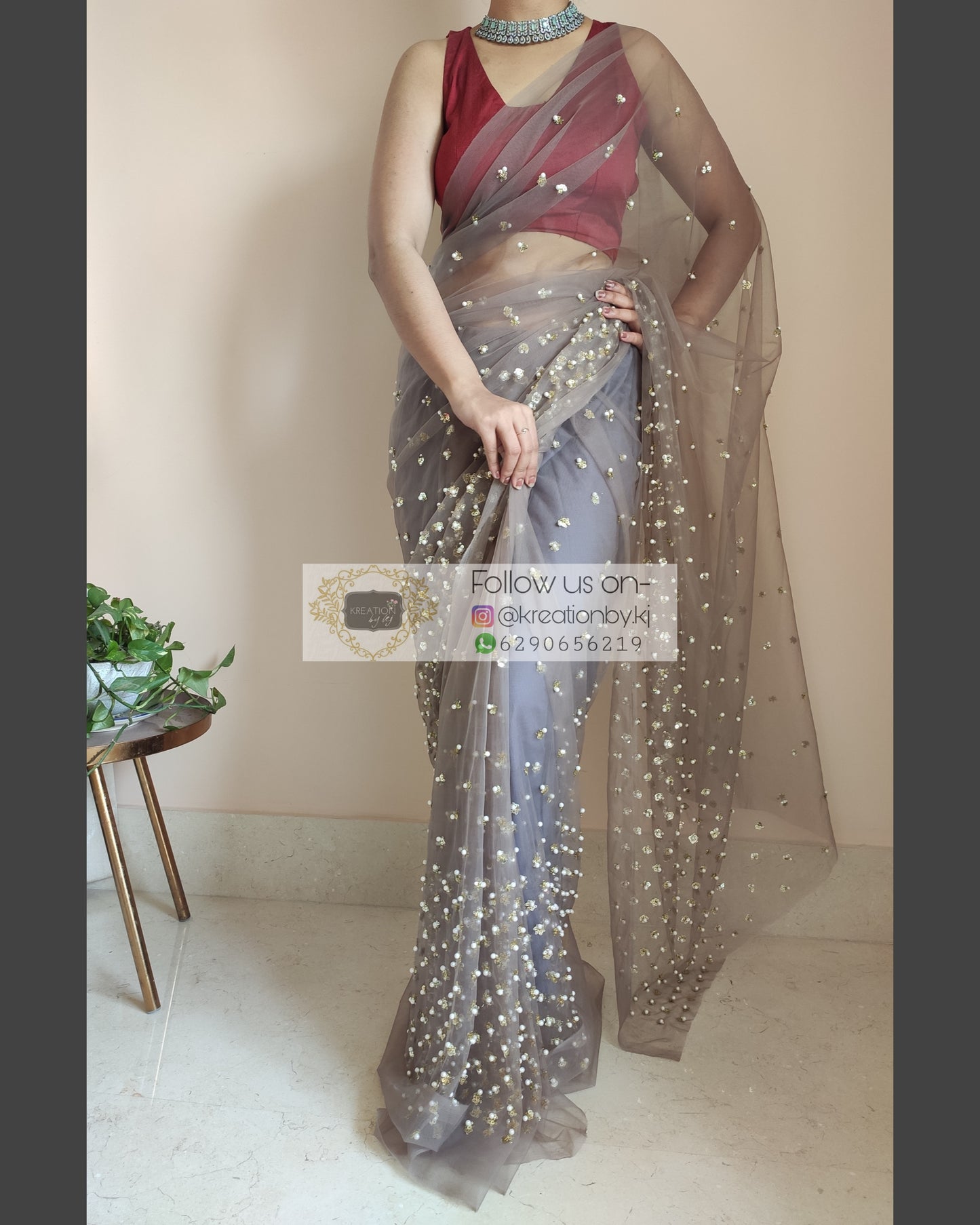 Chocolate Net Saree With Heavy Sequins And Pearl Embroidery - kreationbykj