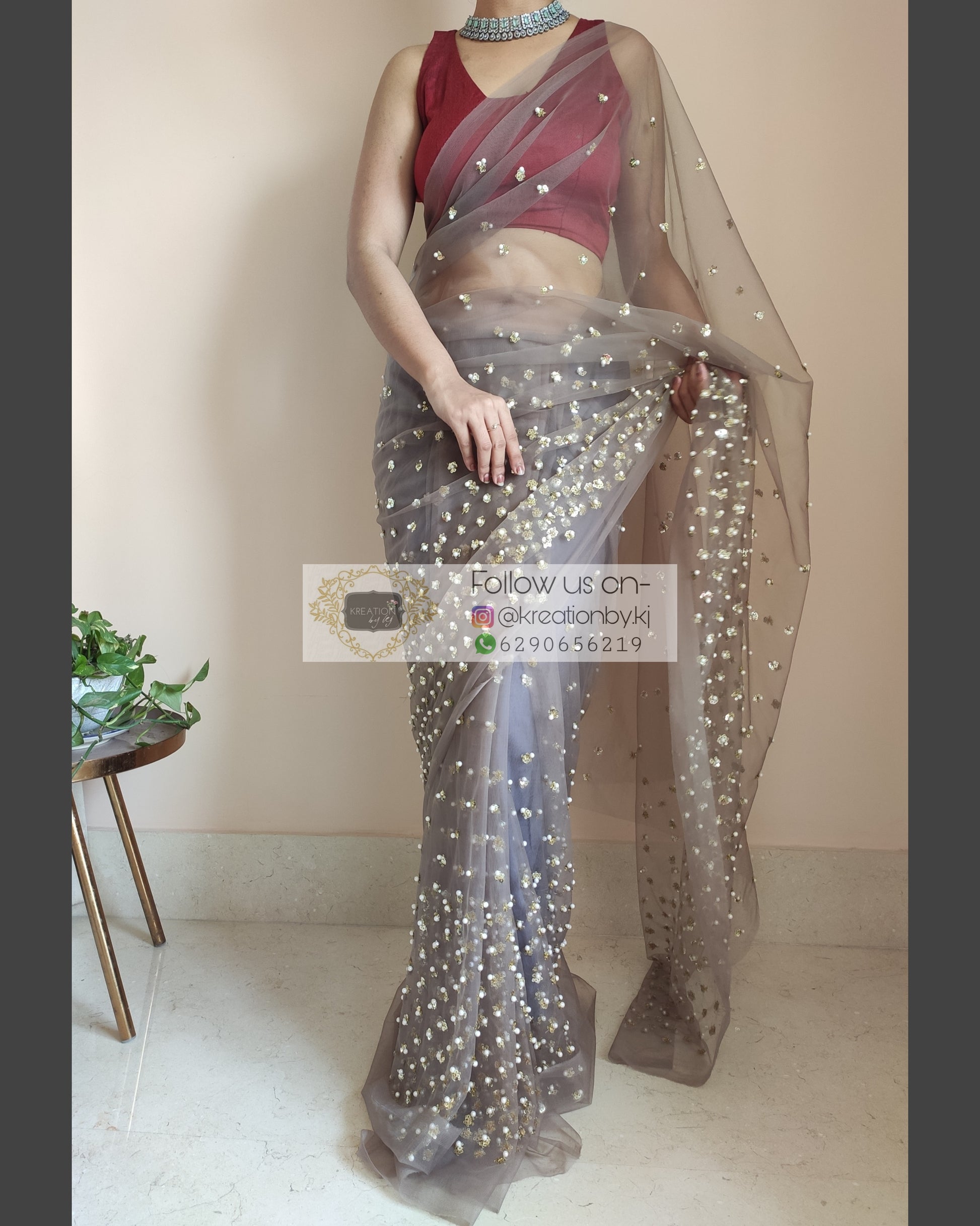 Chocolate Net Saree With Heavy Sequins And Pearl Embroidery - kreationbykj