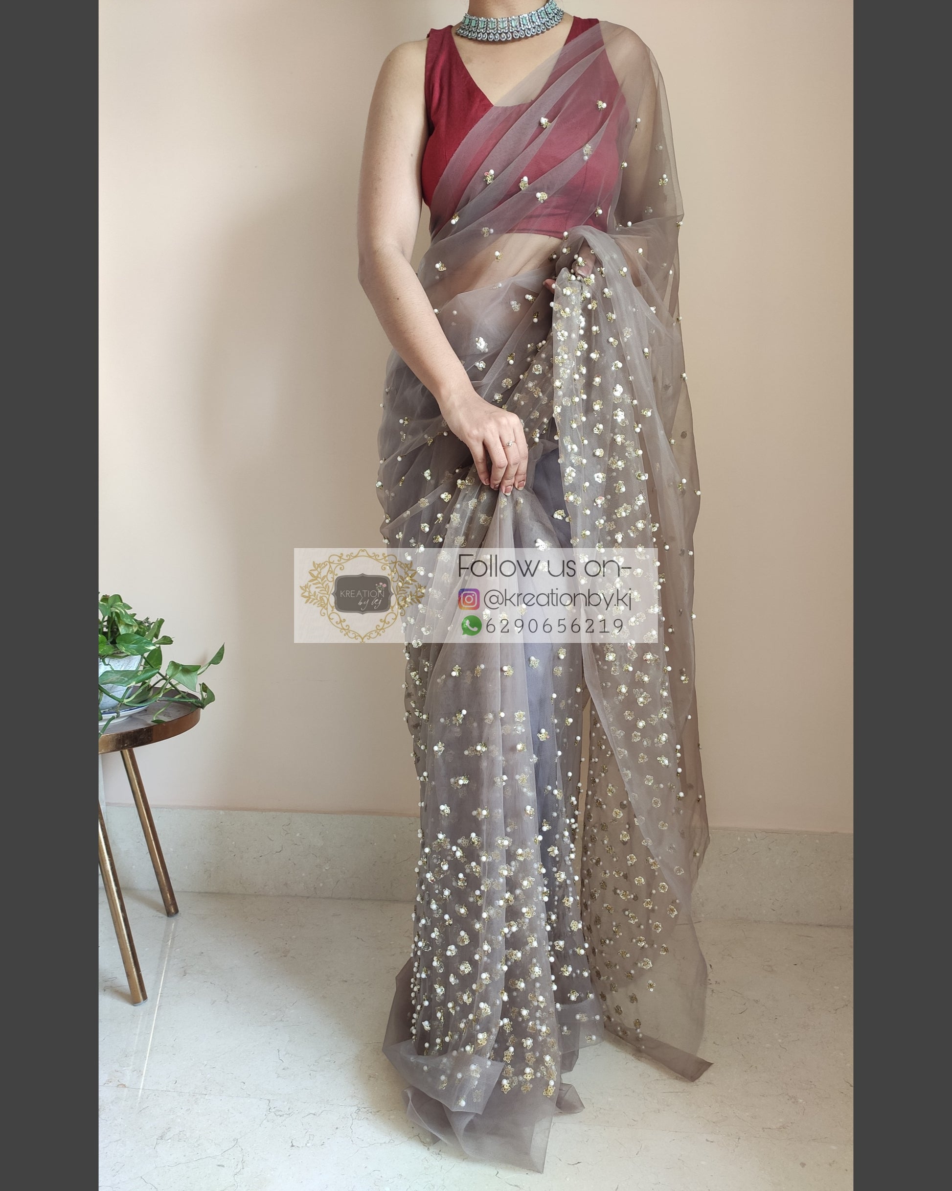 Chocolate Net Saree With Heavy Sequins And Pearl Embroidery - kreationbykj