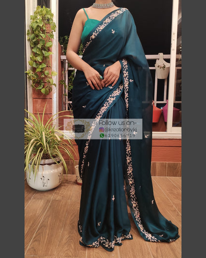 Peacock Blue Georgette Chandani Saree - kreationbykj