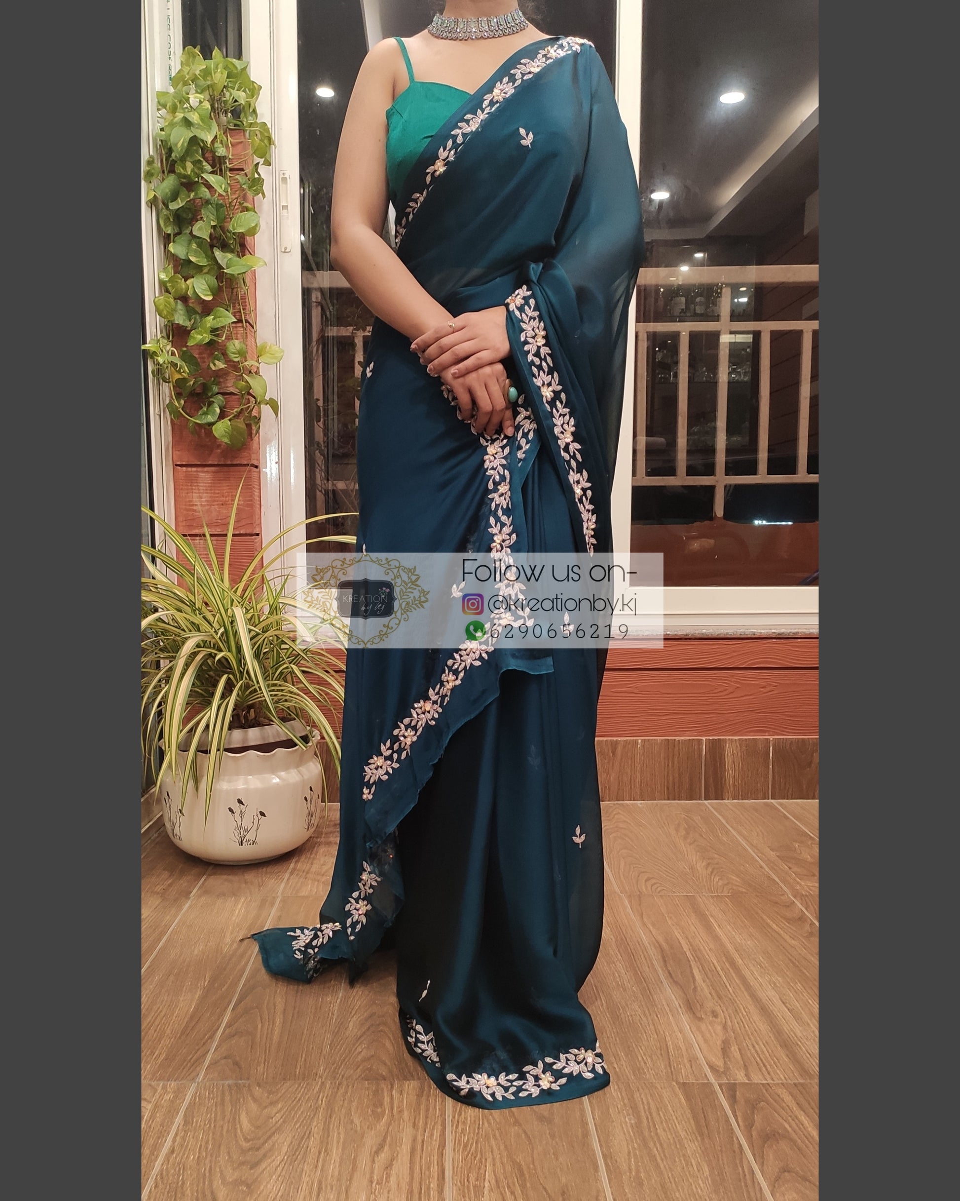 Peacock Blue Georgette Chandani Saree - kreationbykj