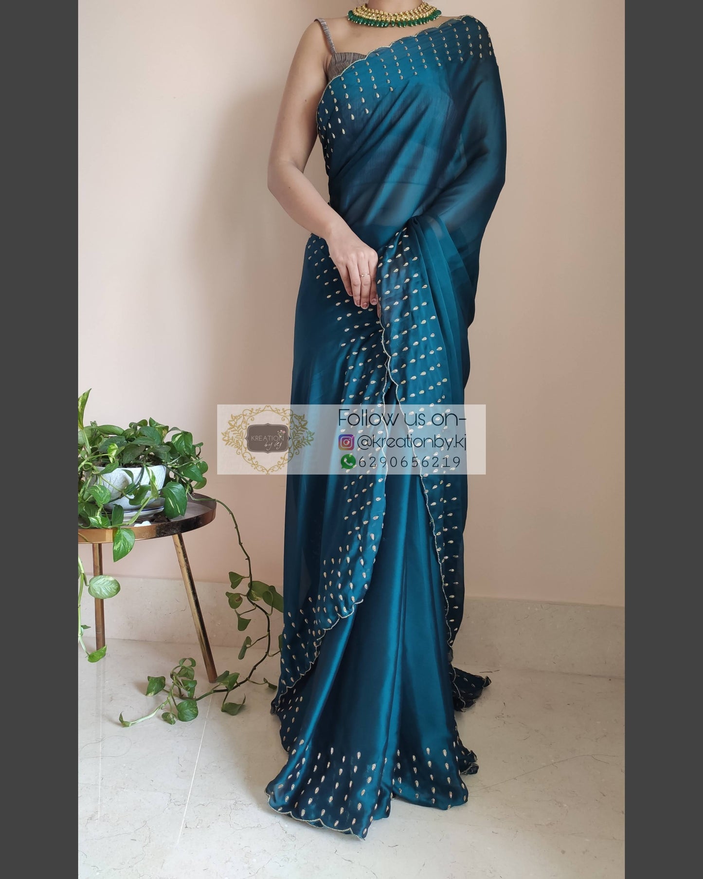 Teal Blue Georgette Silk Saree With Handembroidered Dabka Motifs On Border - kreationbykj