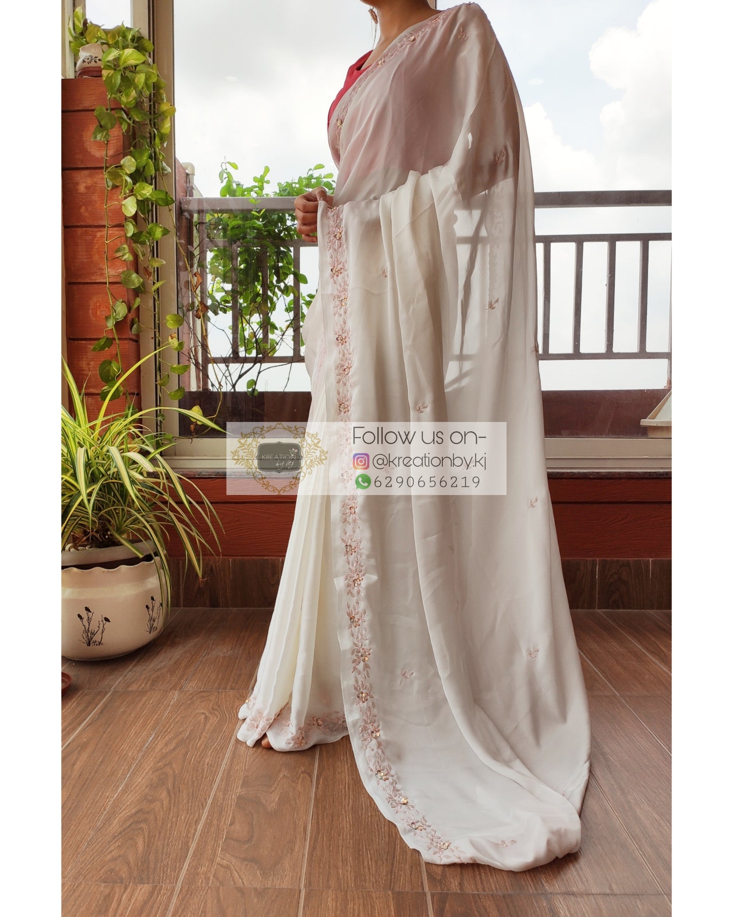 White Crepe Silk Chandani Saree - kreationbykj