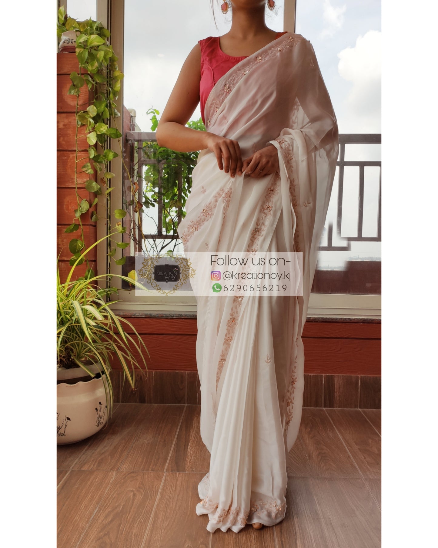 White Crepe Silk Chandani Saree - kreationbykj