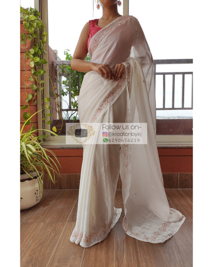 White Crepe Silk Chandani Saree - kreationbykj