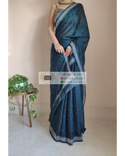 Midnight Blue Crepe Silk Sitara Saree - kreationbykj