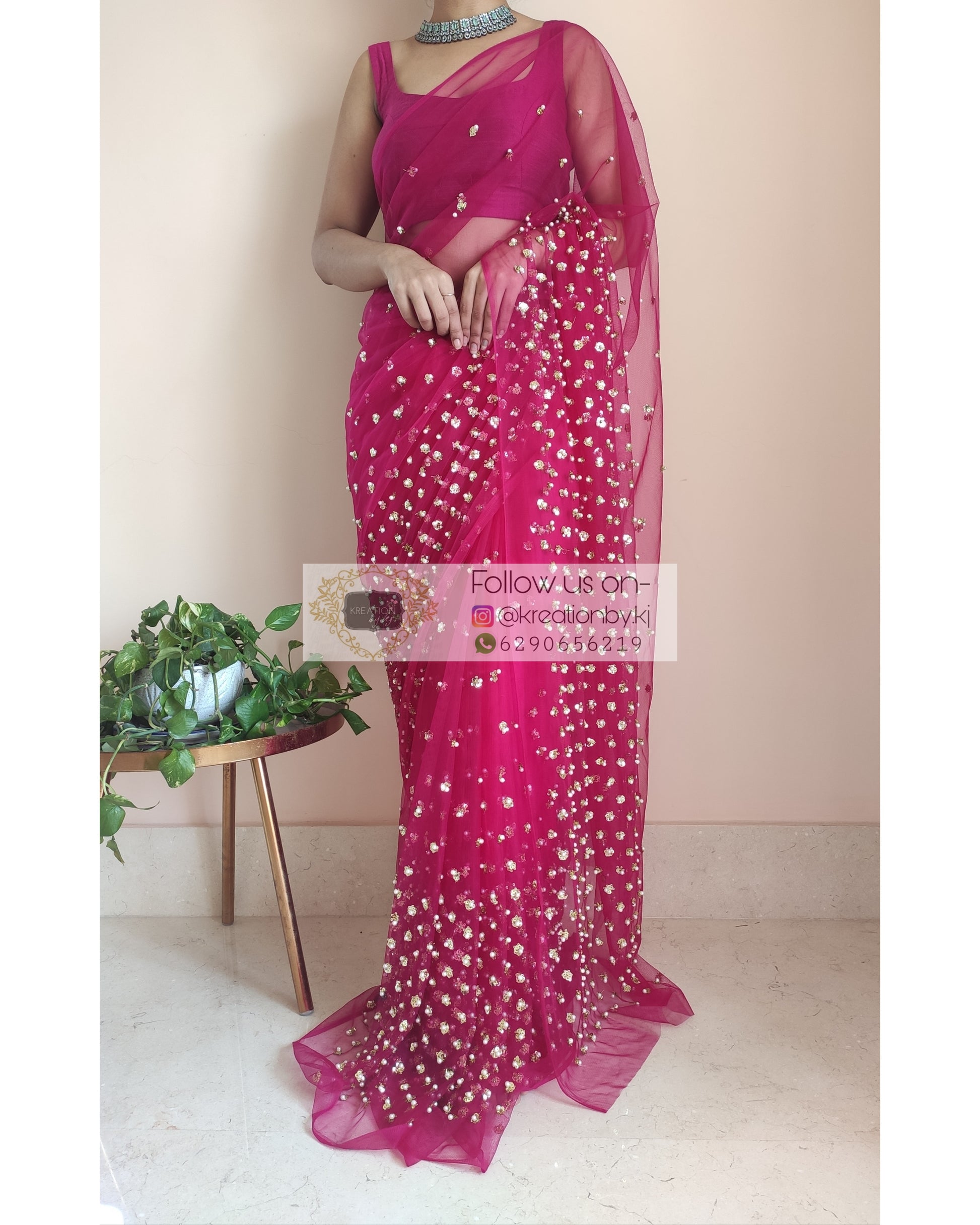 Jugnoo Hot Pink Net Saree - kreationbykj