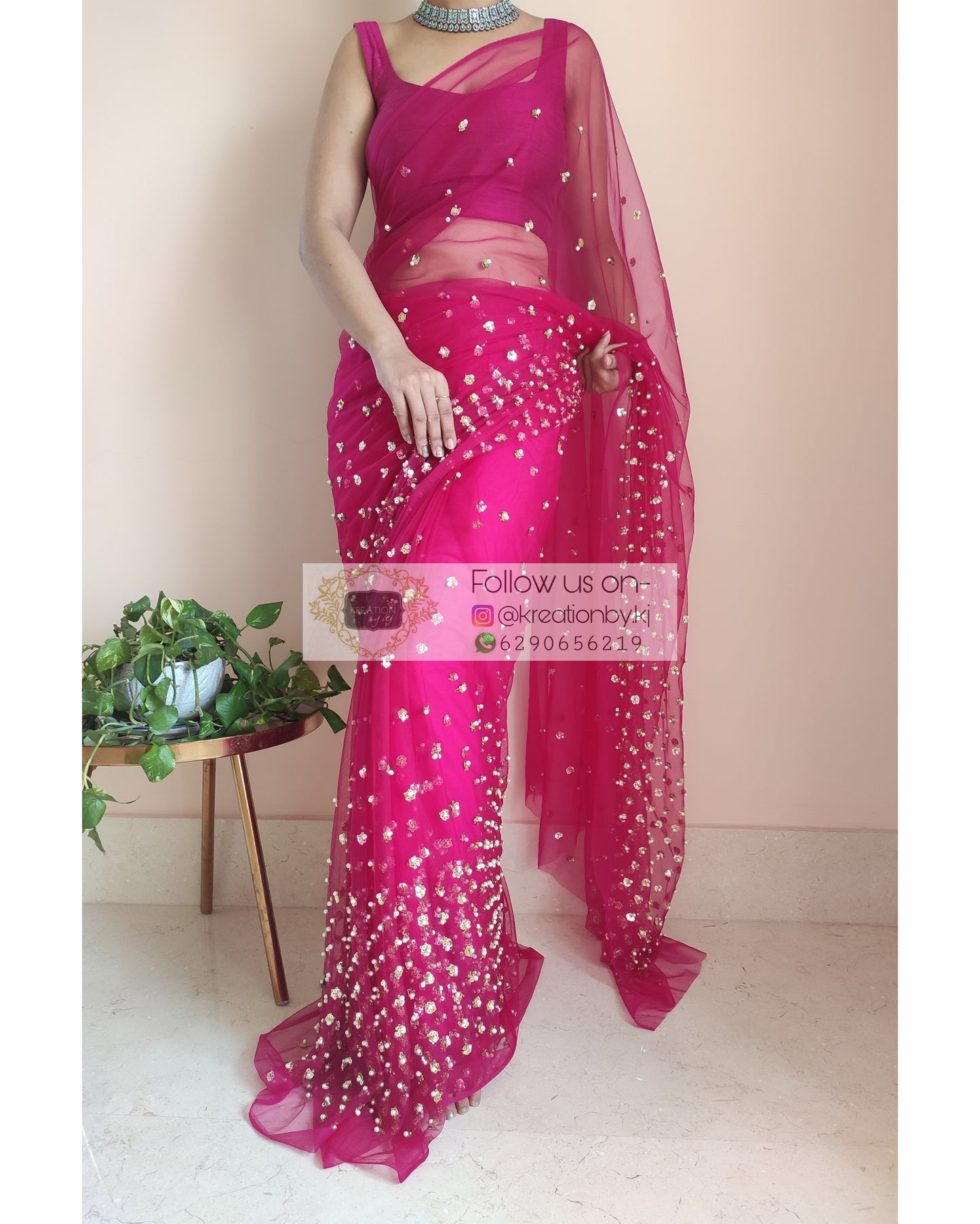 Jugnoo Hot Pink Net Saree - kreationbykj