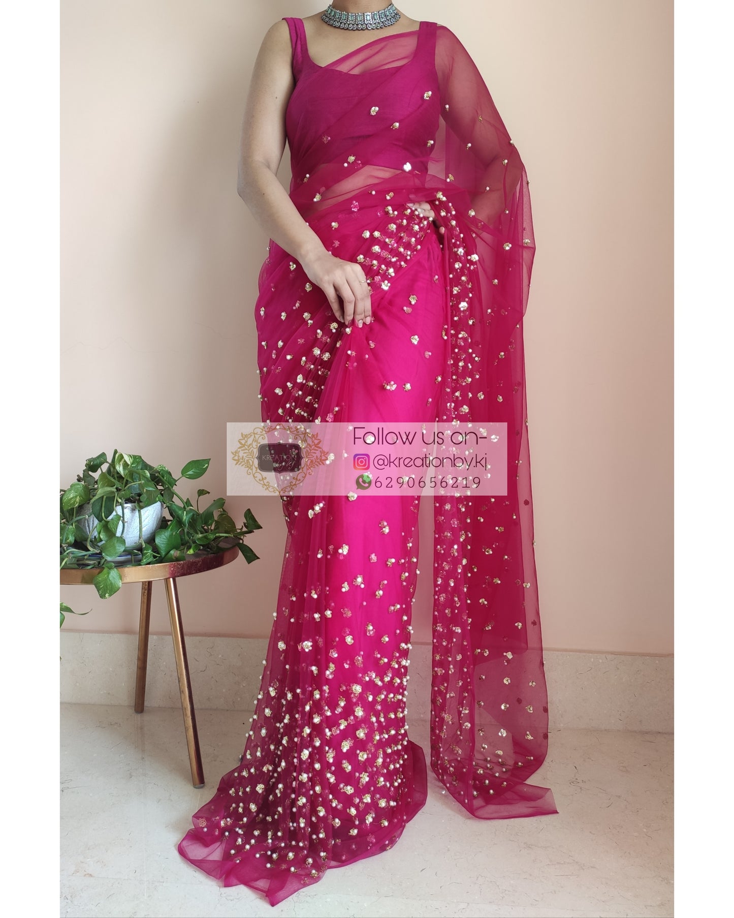 Jugnoo Hot Pink Net Saree - kreationbykj