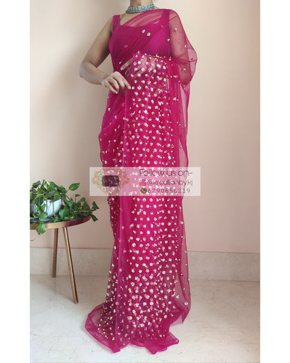 Jugnoo Hot Pink Net Saree - kreationbykj