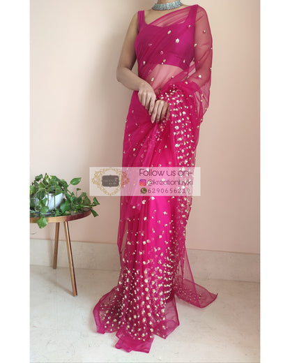 Jugnoo Hot Pink Net Saree - kreationbykj