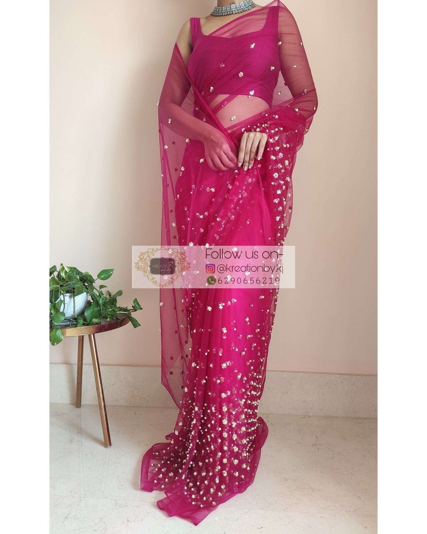 Jugnoo Hot Pink Net Saree - kreationbykj