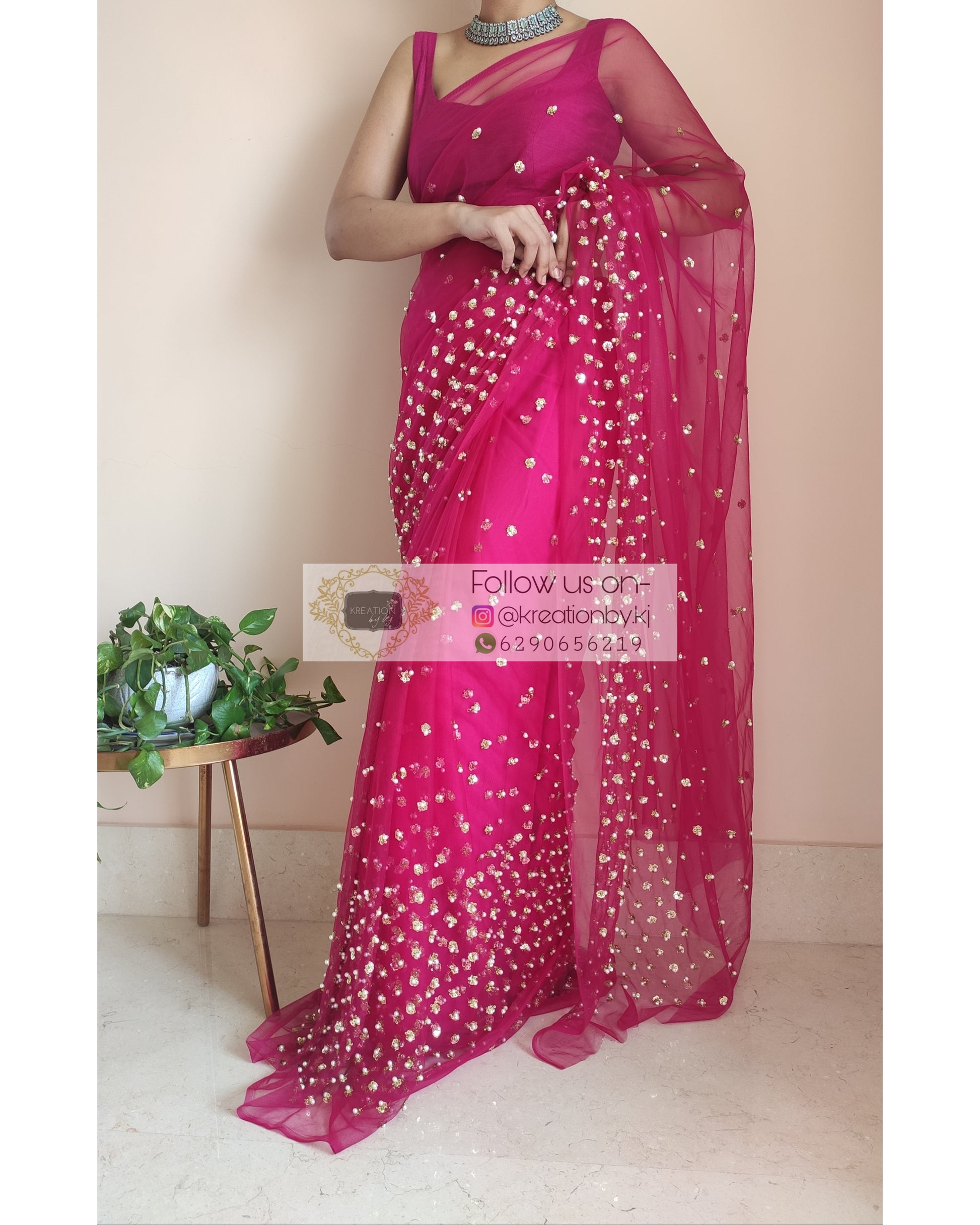 Jugnoo Hot Pink Net Saree - kreationbykj