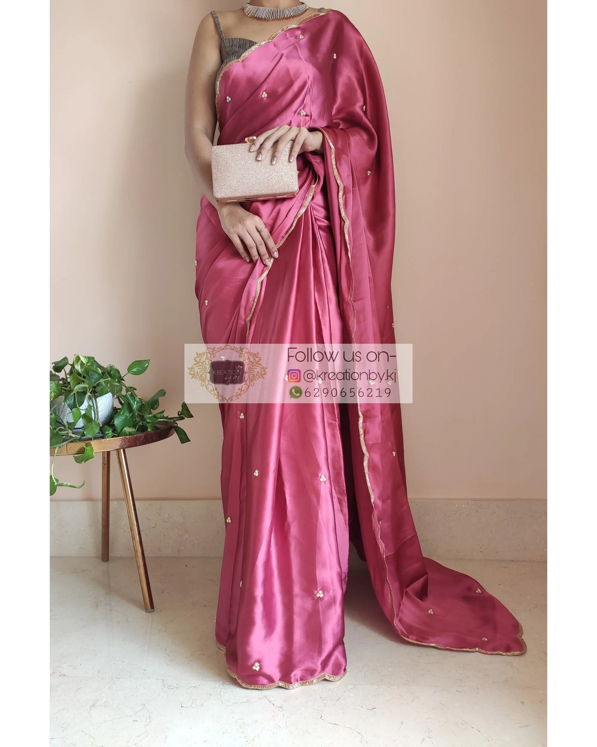 Rose Pink Satin Silk Saree With Handembroidered Scalloping - kreationbykj