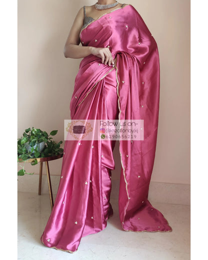 Rose Pink Satin Silk Saree With Handembroidered Scalloping - kreationbykj