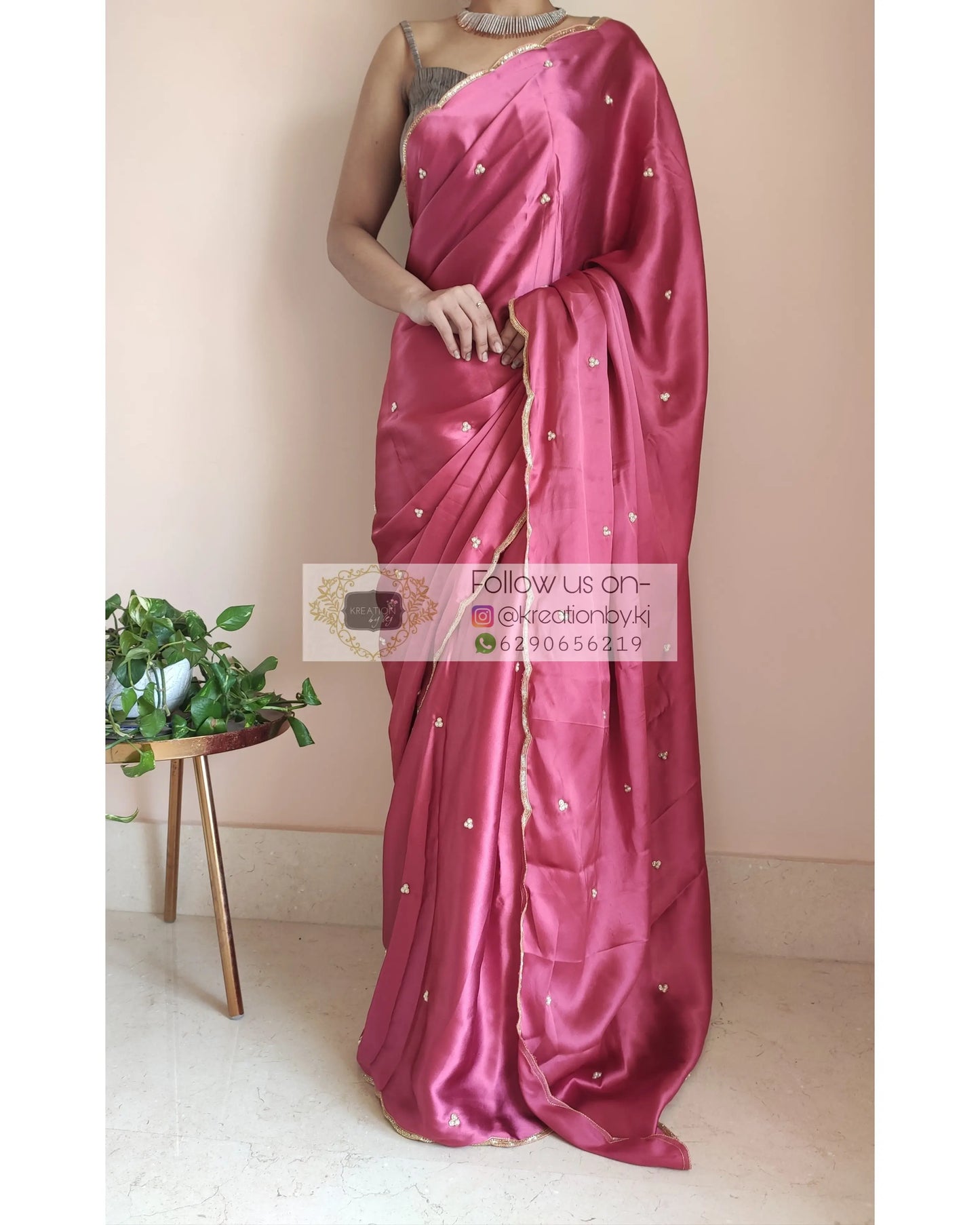 Rose Pink Satin Silk Saree With Handembroidered Scalloping - kreationbykj