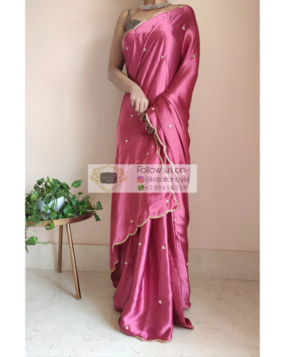 Rose Pink Satin Silk Saree With Handembroidered Scalloping - kreationbykj