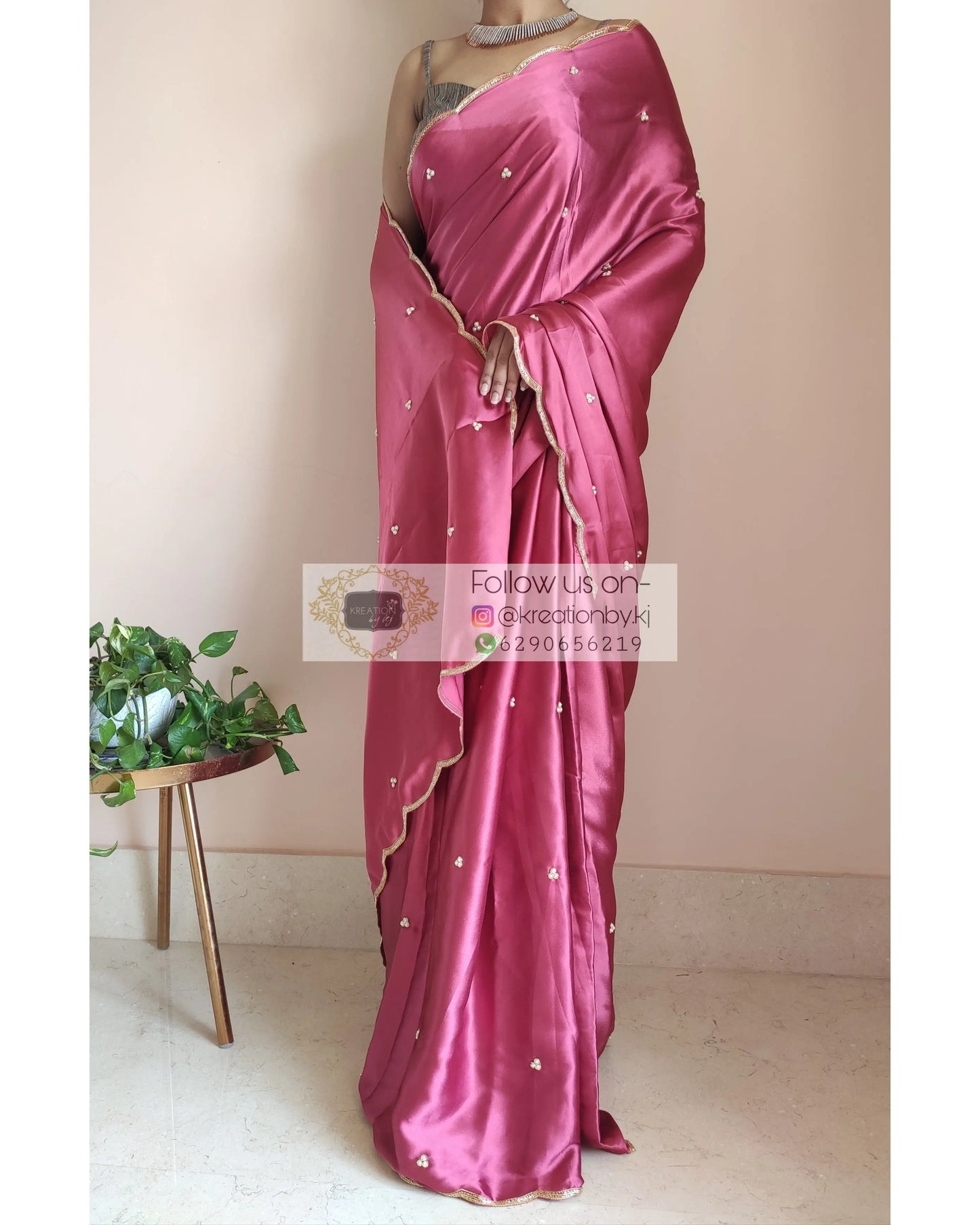 Rose Pink Satin Silk Saree With Handembroidered Scalloping - kreationbykj