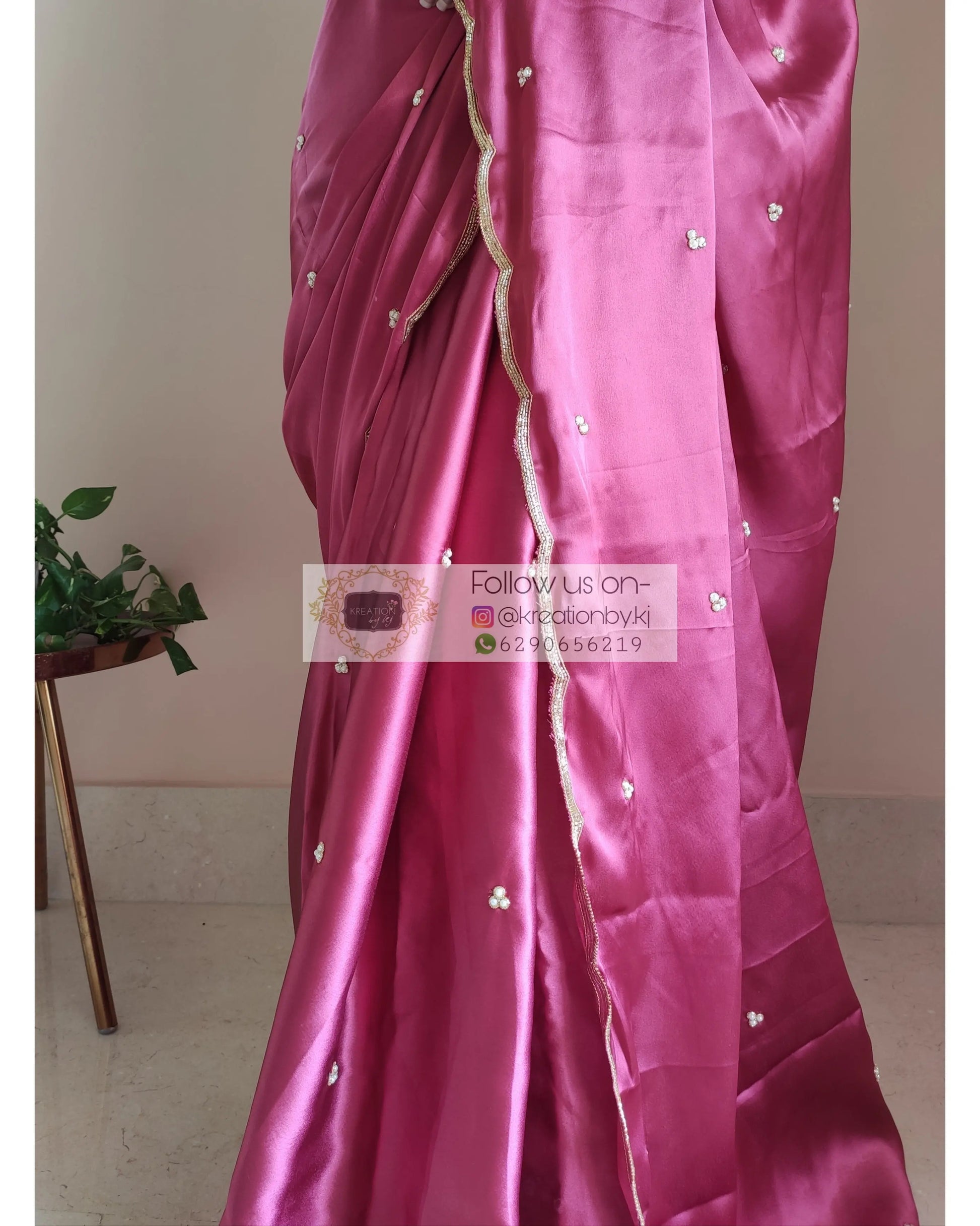 Rose Pink Satin Silk Saree With Handembroidered Scalloping - kreationbykj