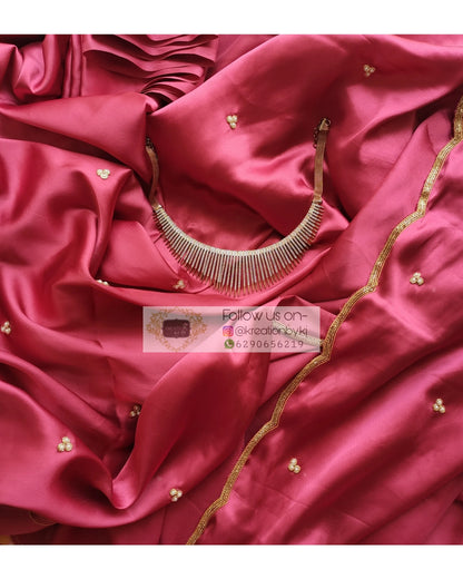 Rose Pink Satin Silk Saree With Handembroidered Scalloping - kreationbykj