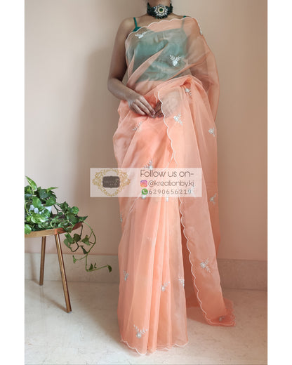 Peach Organza Silk Saree With 86 Bootas - kreationbykj