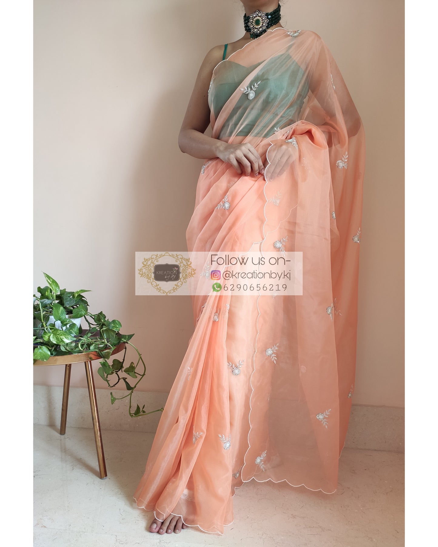 Peach Organza Silk Saree With 86 Bootas - kreationbykj