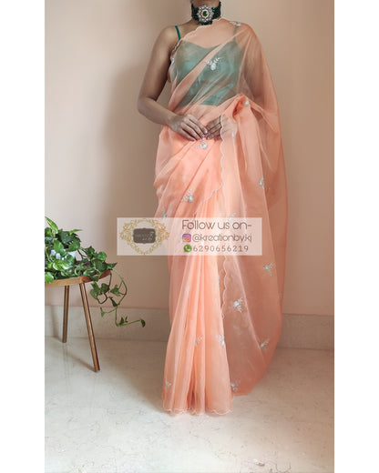 Peach Organza Silk Saree With 86 Bootas - kreationbykj