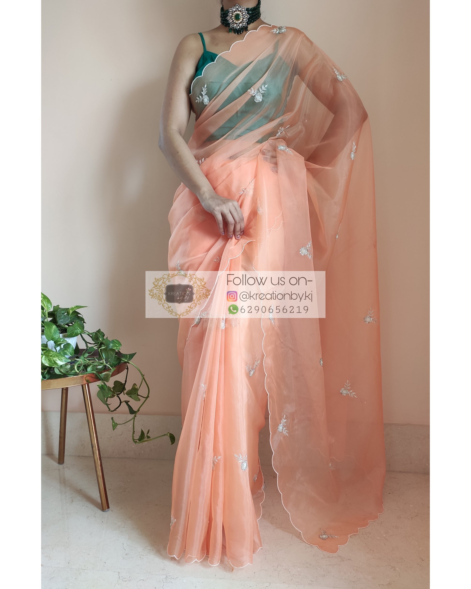 Peach Organza Silk Saree With 86 Bootas - kreationbykj