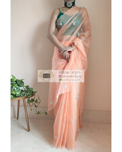 Peach Organza Silk Saree With 86 Bootas - kreationbykj