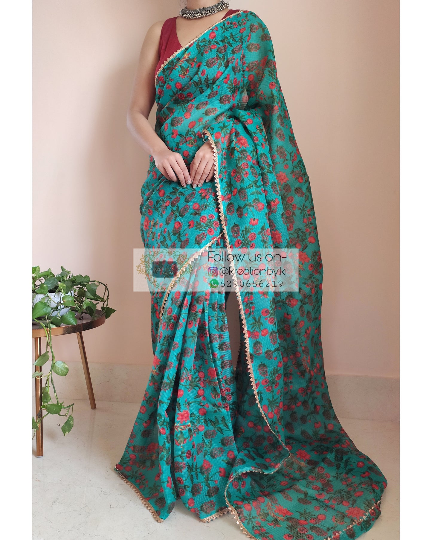 Green Floral Print Kota Saree - kreationbykj