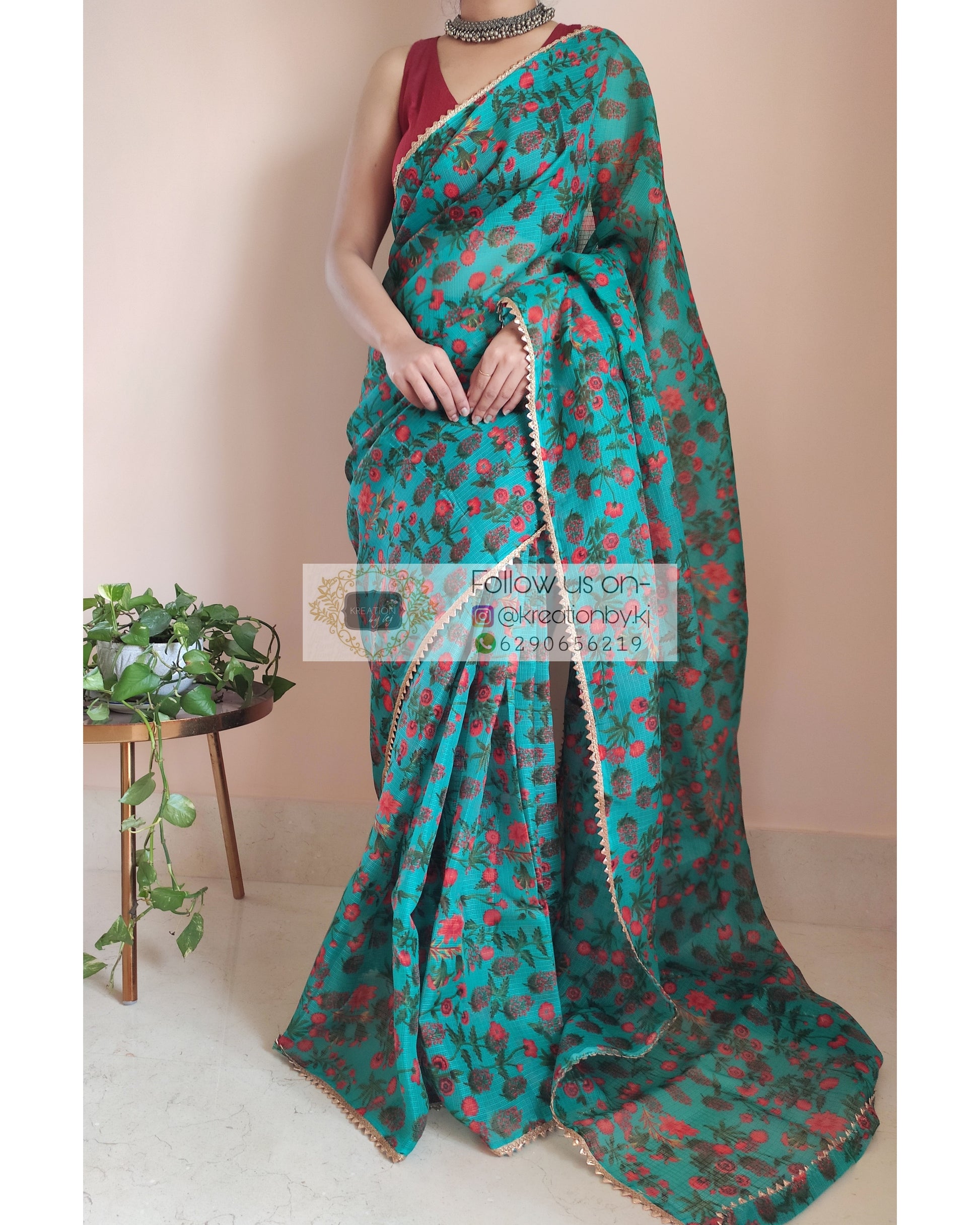 Green Floral Print Kota Saree - kreationbykj