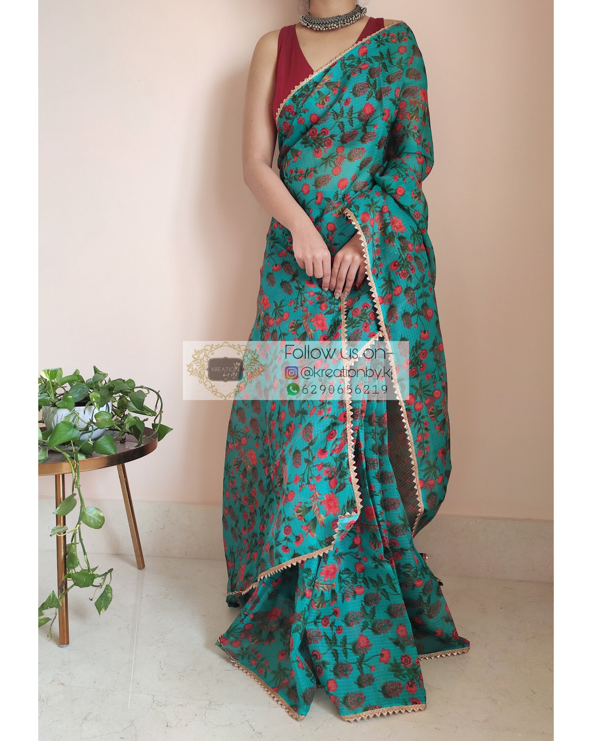 Green Floral Print Kota Saree - kreationbykj