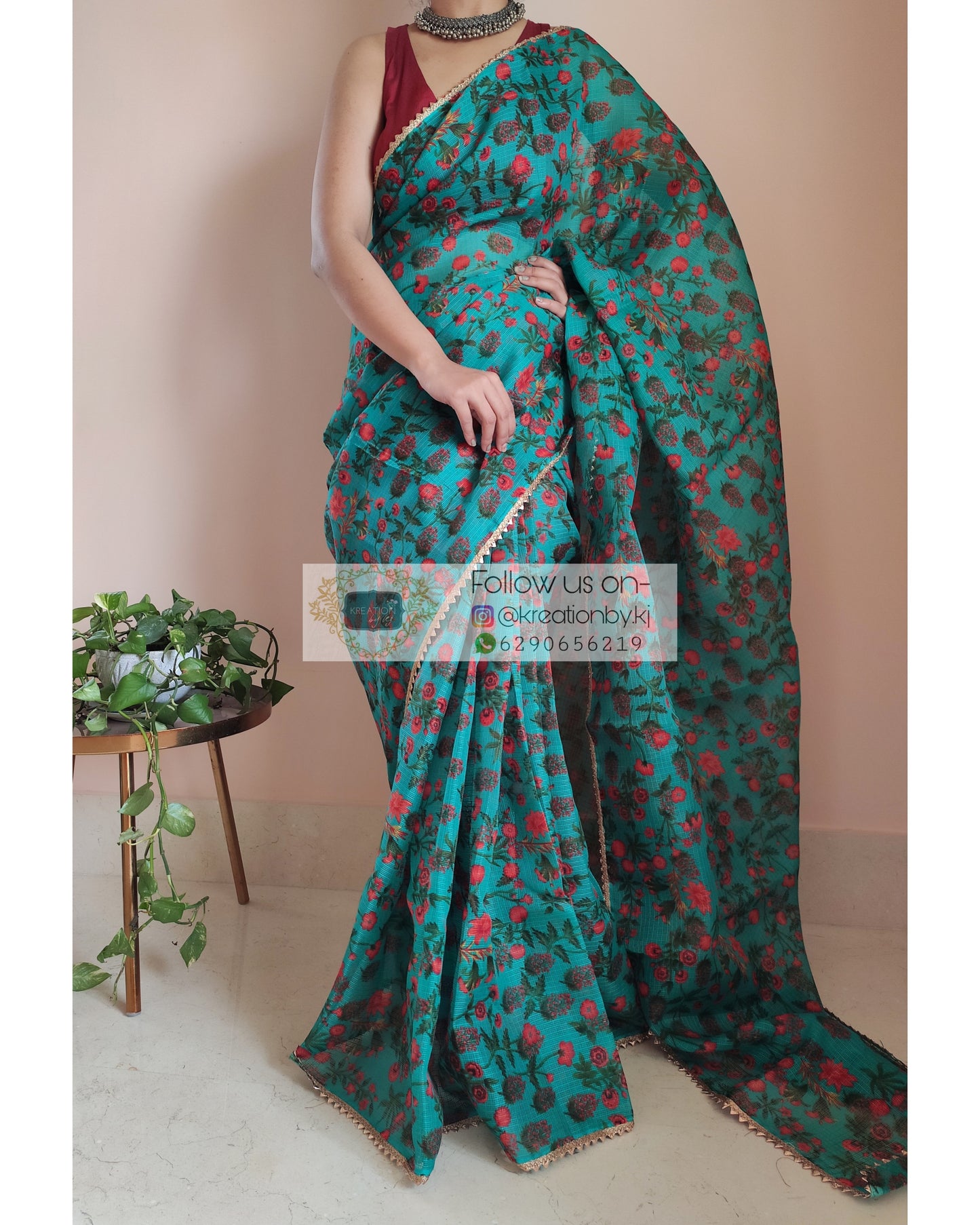 Green Floral Print Kota Saree - kreationbykj