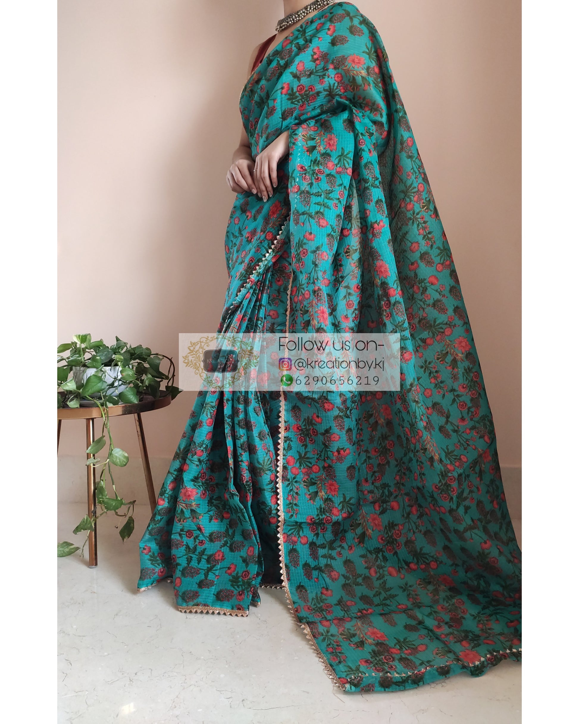 Green Floral Print Kota Saree - kreationbykj